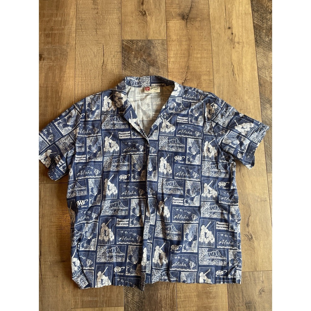 Hilo Hattie Hawaiian Navy Blue White Button Up Cotton Camp Shirt Mens L MADE USA